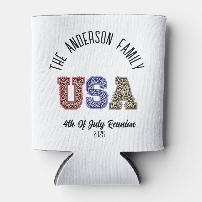 USA Cheetah Print Personalised Reunion Name Can Cooler (Front)