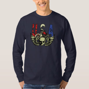 USA Classic Motorcycle Skull Wings Long T-shirt
