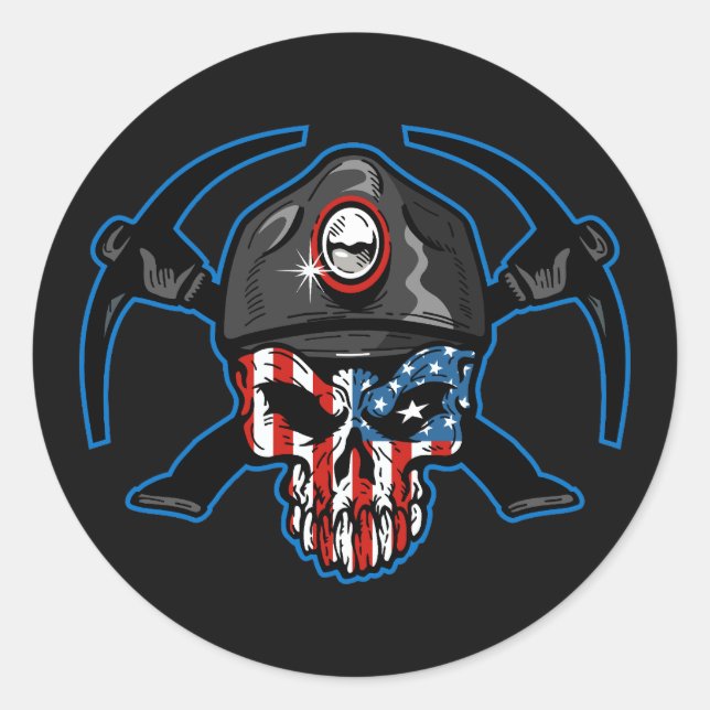 USA COAL MINER SKULL DESIGN CLASSIC ROUND STICKER (Front)