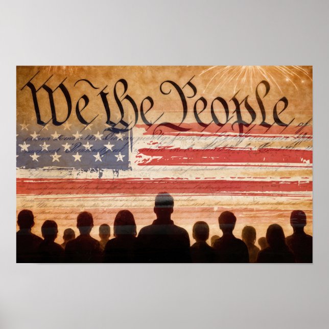 USA Constitution With Flag and Fireworks Poster (Front)
