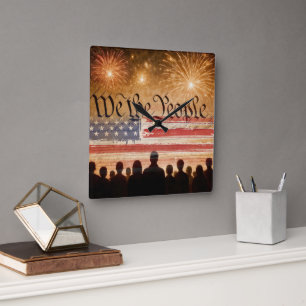 USA Constitution With Flag and Fireworks Square Wall Clock