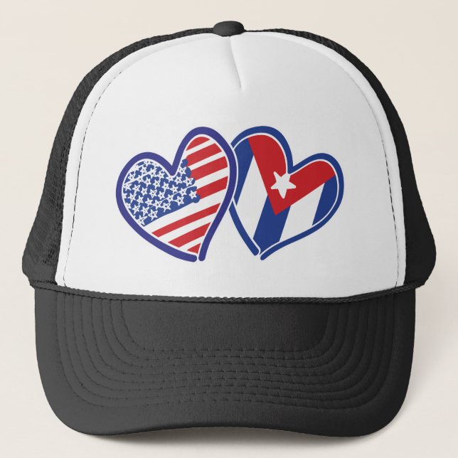 USA CUBA Flag Hearts Trucker Hat (Front)