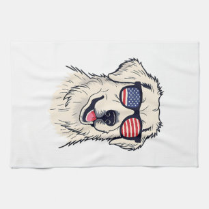 USA Dog Lover - Cool Pup with American Flag Shades Tea Towel