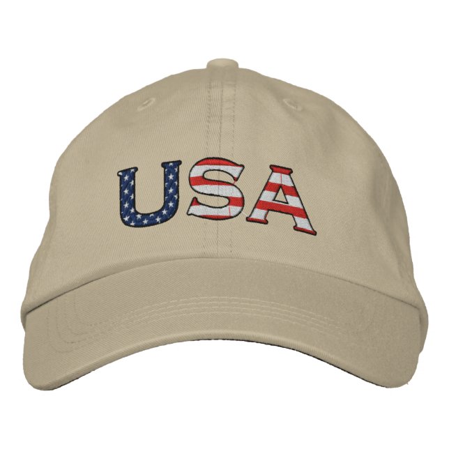 USA Embroidered Stars & Stripes Hat (Khaki) (Front)