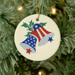 USA Flag American Patriotic Christmas Bells Art Ceramic Tree Decoration