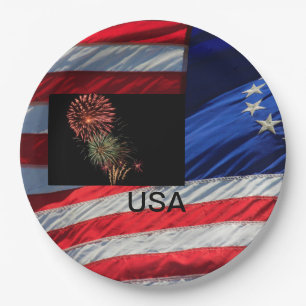 USA Flag and fire works Paper Plate