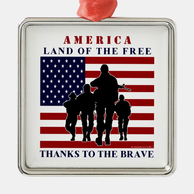 USA Flag and Soldiers Silver Ornament (Front)