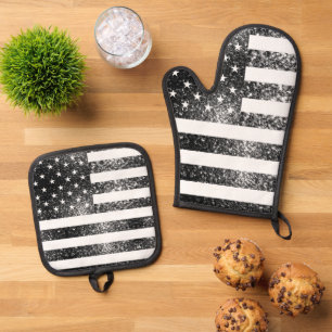 USA flag black and white faux sparkles patriotic Oven Mitt & Pot Holder Set