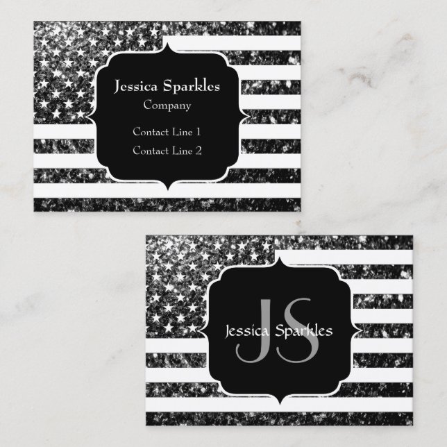 USA flag black and white sparkles glitter Monogram Business Card (Front/Back)