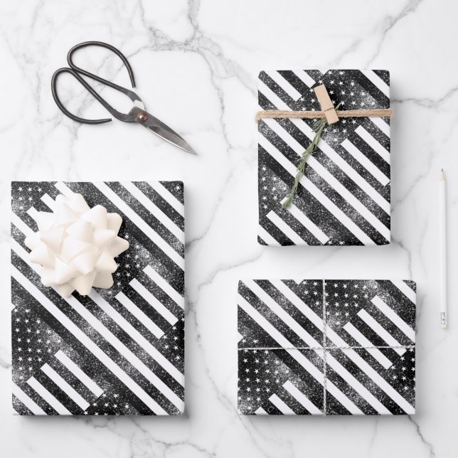 USA flag black and white sparkles glitters pattern Wrapping Paper Sheet (Front)