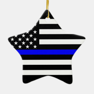 USA Flag Black and White Thin Blue Line Ceramic Tree Decoration