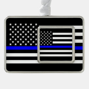 USA Flag Black and White Thin Blue Line Silver Plated Framed Ornament