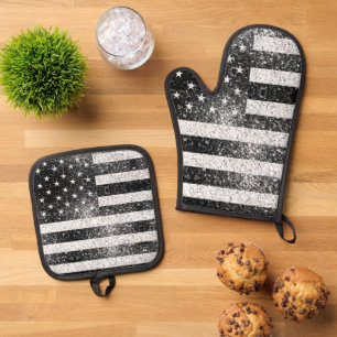 USA flag black white faux sparkle patriotic bling Oven Mitt & Pot Holder Set