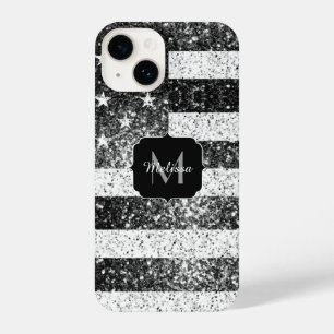 USA flag black white silver sparkles Monogram iPhone 14 Case
