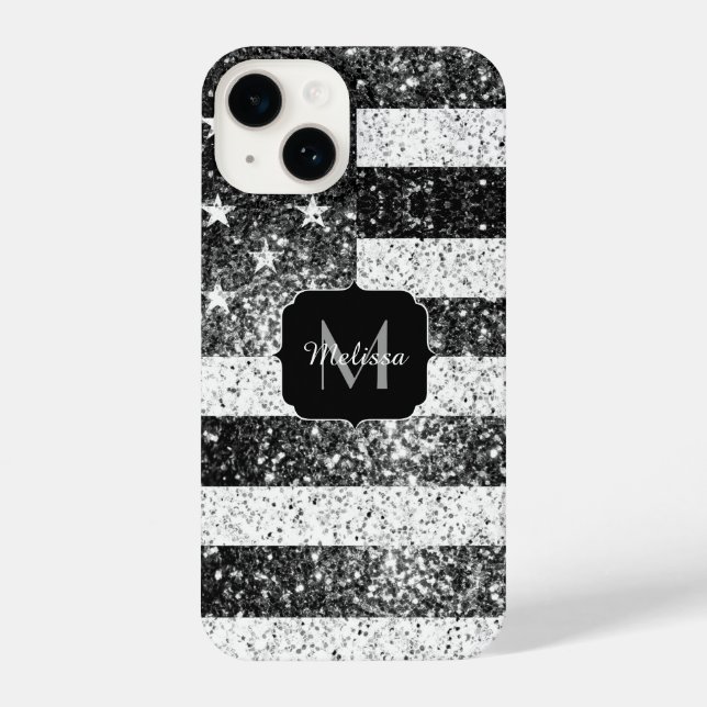 USA flag black white silver sparkles Monogram iPhone Case (Back)