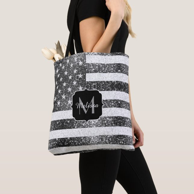 USA flag Black White Sparkles Monogram Tote Bag (Close Up)