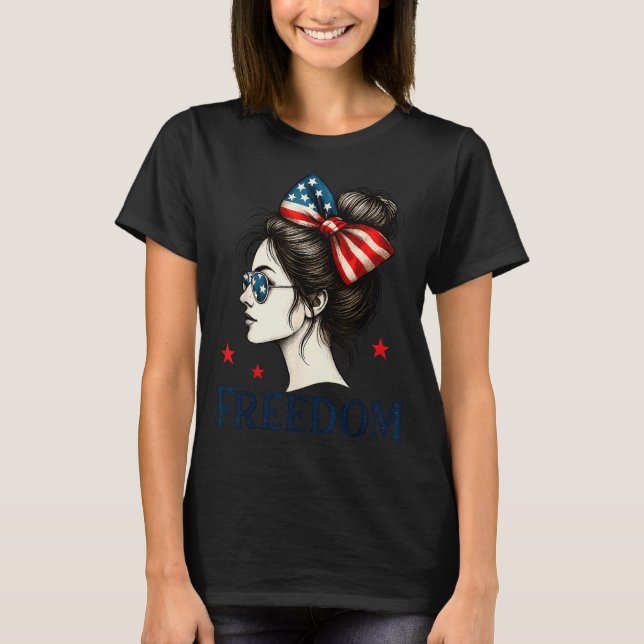 Usa Flag Bow Messy Bun Girls Dom American Flag Pat T-Shirt (Front)