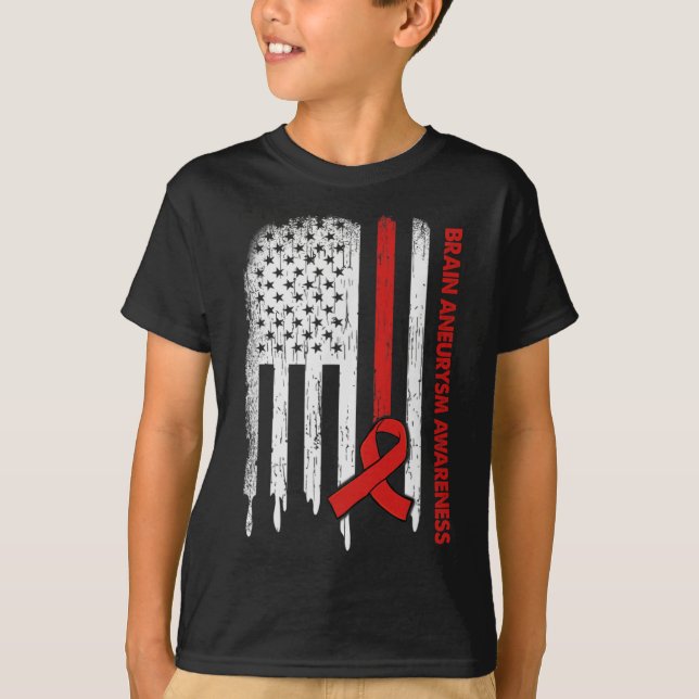 USA Flag Burgundy Ribbon Brain Aneurysm Awareness  T-Shirt (Front)