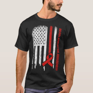 Usa Flag Burgundy Ribbon Brain Aneurysm Awareness  T-Shirt