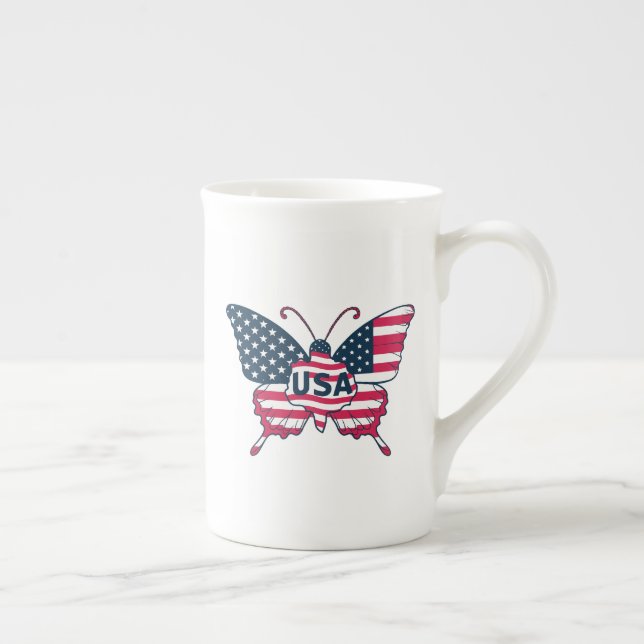 USA Flag Butterfly Patriotic American Pride Design Bone China Mug (Right)