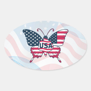 USA Flag Butterfly Patriotic American Pride Design Oval Sticker