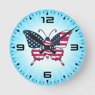 USA Flag Butterfly Patriotic American Pride Design Round Clock