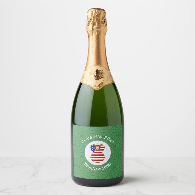 USA Flag Christmas Red Hair Angel Personalised  Sparkling Wine Label (Front)