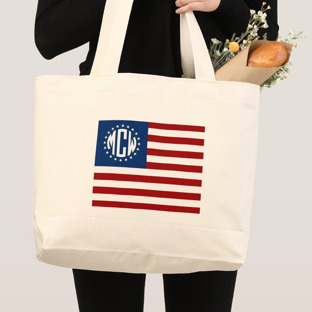 USA Flag Circle Monogram W Stars #2 Large Tote Bag (Creator Uploaded)