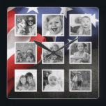 USA Flag Create Your Custom Photo Collage Square Wall Clock<br><div class="desc">Create your own personalized 9 photo with white frame on Instagram photo collage wall clock with your custom images on a modern USA flag background. Add your favorite photos, designs or artworks to create something really unique. To edit this design template, simply upload your own image as shown above. Treat...</div>