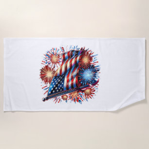 USA Flag Fireworks Patriotic Beach Towel