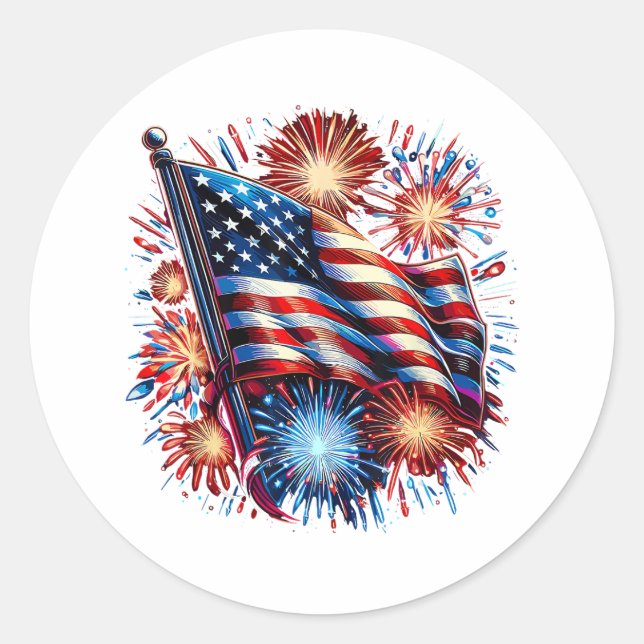 USA Flag Fireworks Patriotic Classic Round Sticker (Front)
