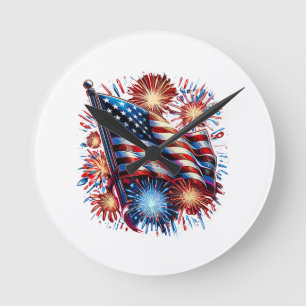 USA Flag Fireworks Patriotic Round Clock