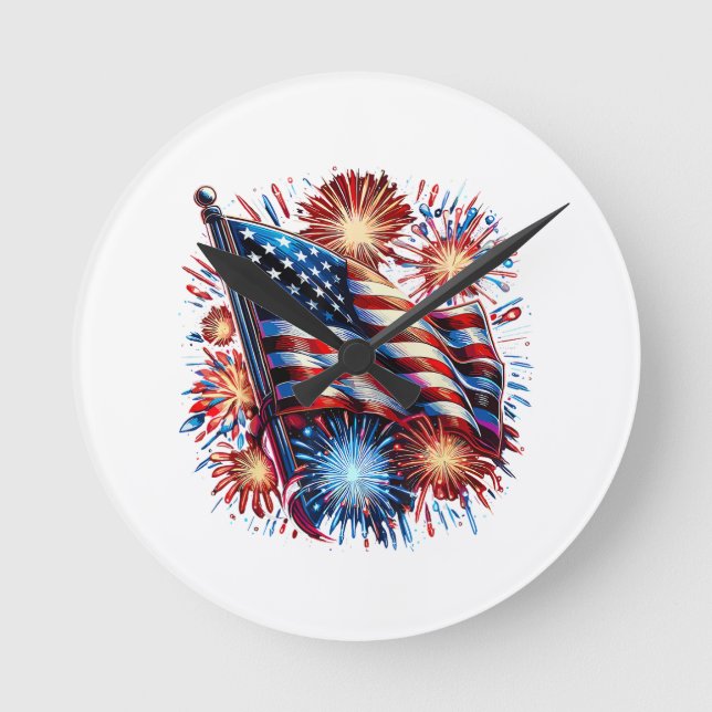 USA Flag Fireworks Patriotic Round Clock (Front)