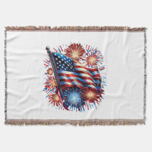 USA Flag Fireworks Patriotic Throw Blanket