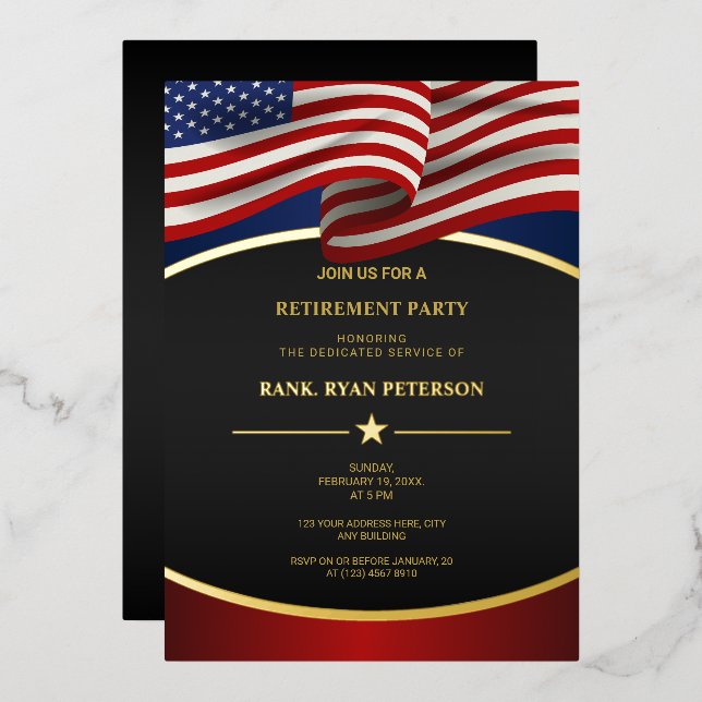 USA Flag Foil Curve Lines Luxury Black Invitation (Front/Back)