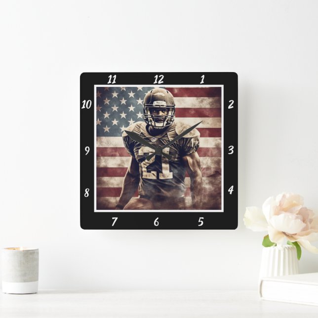 USA Flag Football Player Square Wall Clock (Home)