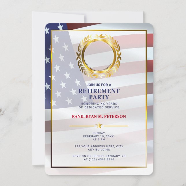 USA Flag | Gold Laurel Leaf | Luxury Retirement Invitation (Front)