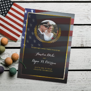 USA Flag   Gold Laurel Leaves   Luxury Wedding Invitation