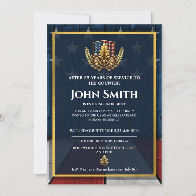 USA Flag Gold Oak Military Retirement Invitation (Front)