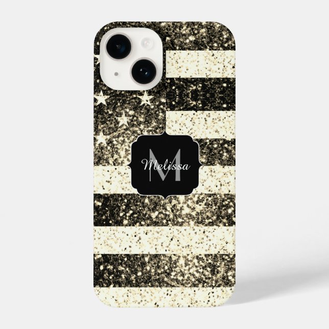USA flag gold sepia glitter sparkles Monogram iPhone Case (Back)