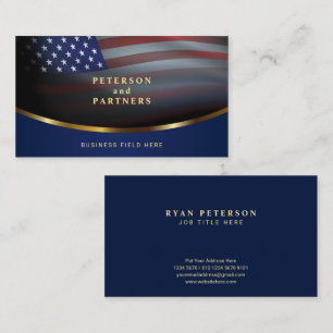 USA Flag Gradation Concave Gold Dark Blue Business Card