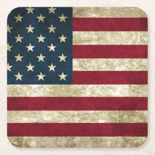 USA Flag Grunge Square Paper Coaster