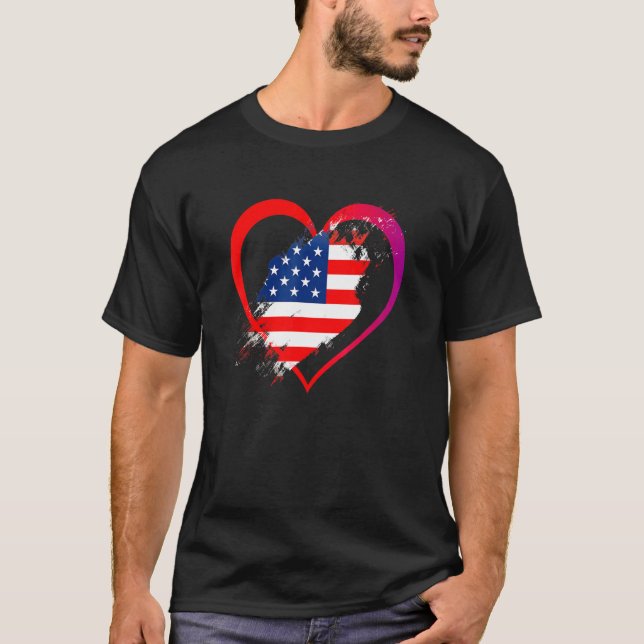 Usa Flag Heart American Patriotic Armed Forces Mem T-Shirt (Front)