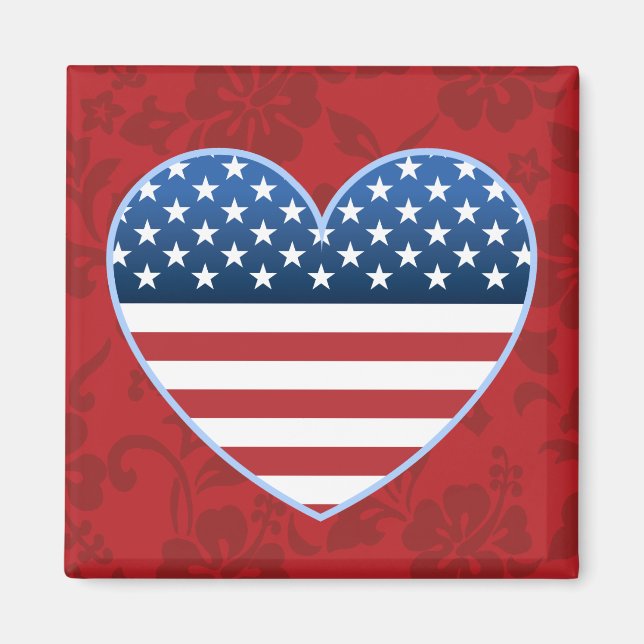 USA Flag Heart Hawaiian Floral Magnet (Front)