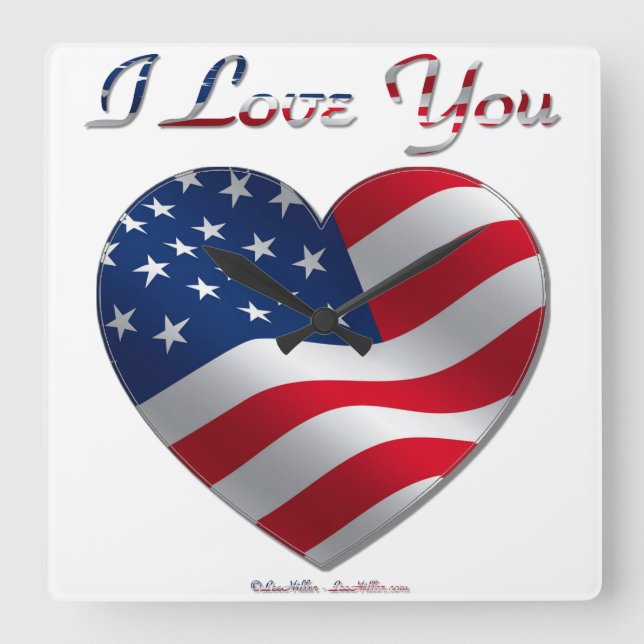 USA Flag Heart I Love You Square Wall Clock (Front)
