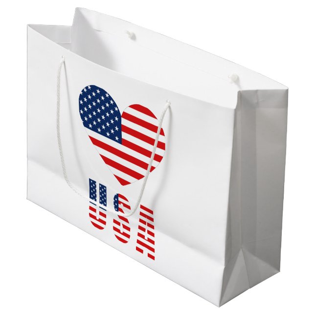 USA Flag Heart Large Gift Bag for Patriotic Gifts (Front Angled)