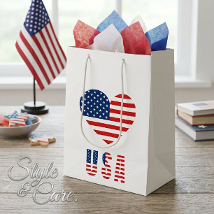 USA Flag Heart Medium Gift Bag for Patriotic Gifts