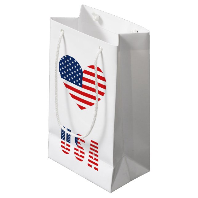 USA Flag Heart Small Gift Bag for Patriotic Gifts (Front Angled)