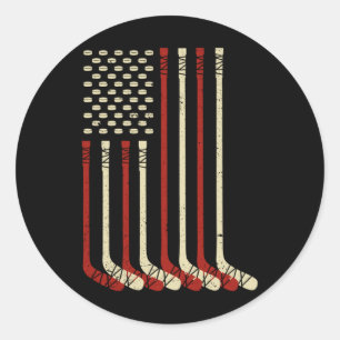 Usa Flag Hockey Stick - 4th Of July Ice Hockey Us Classic Round Sticker