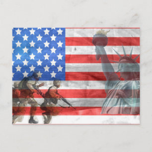 USA Flag Lady Liberty and Soldiers Postcard
